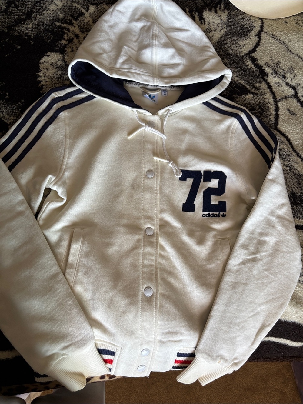 adidas White Hooded Jacket with Navy '72 and Stripe Accents
